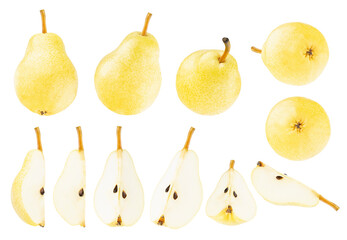 Ripe yellow pear fruit collections isolated on white background, closeup. Raw juicy bartlett pears fruit whole and slices from different sides. Studio shot of summer fruits for design, advertising.