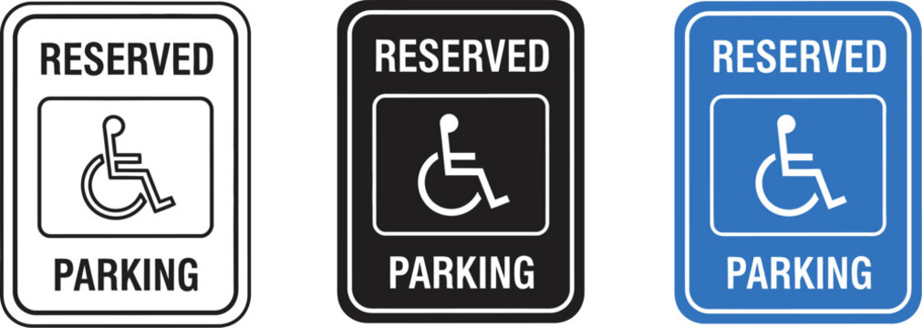 Set of three accessible parking signs with wheelchair symbol and reserved parking text