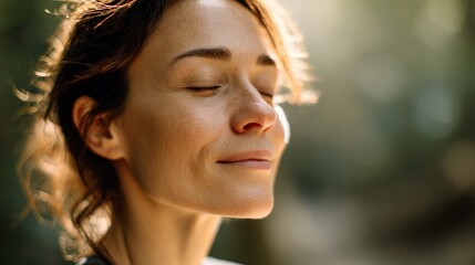 Caucasian woman with closed eyes enjoying sunlight and fresh air in a forest, feeling relaxed and peaceful during summer travel or camping trip