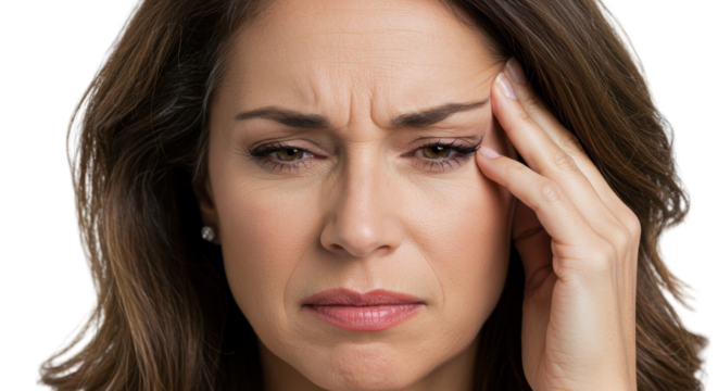 Woman suffering from a severe headache holding hand to head isolated PNG with Transparent Background
