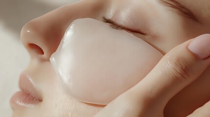 Fototapeta premium Close-up view of smooth facial skin with hydrating under-eye patch treatment showing skincare and beauty routine for cosmetic product advertising.