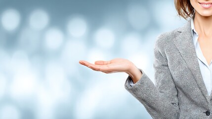 Professional woman in light gray suit smiling and holding open hand in inviting gesture against soft blurred bokeh background suggesting welcome