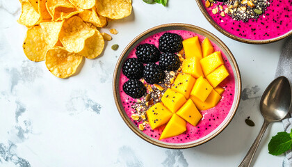 Artistic top-down food layout with golden chips and pink smoothie bowl on white tabletop
