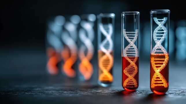 DNA helix models illuminated inside test tubes filled with red liquid, symbolizing genetic research and biotechnology.