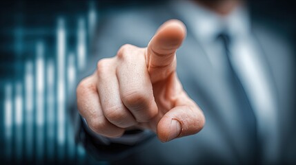Close-up of a businessman in a suit pointing directly at the viewer with determination, set against a digital financial graph background