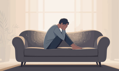 A man sits on a couch with his head in his hands, expressing sadness, despair, or depression in a minimalist, stylized illustration.