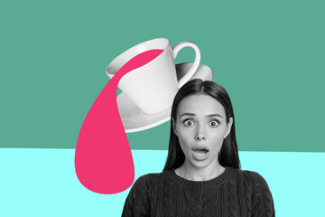 Creative image full 3d photo collage of happy girl guy stand coffee cup drink herbal tea beverage...