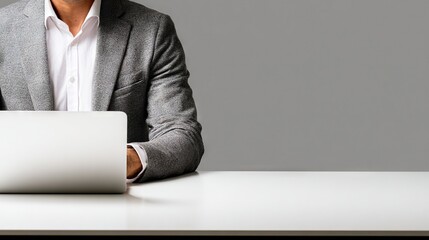 Cropped view of professional man in gray suit using laptop at clean white desk against plain gray background in modern office setting