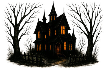 Creepy gothic haunted mansion with bare trees and glowing windows isolated on transparent background