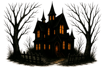 Creepy gothic haunted mansion with bare trees and glowing windows isolated on transparent background