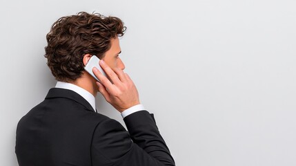 Rear view of businessman in black suit making a phone call against white background, professional communication and corporate concept