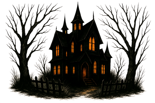 Creepy gothic haunted mansion with bare trees and glowing windows isolated on transparent background