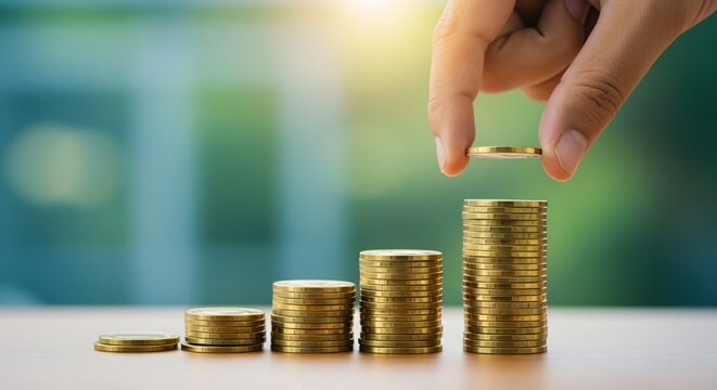 Financial Growth Hand Placing Coin on Stack Representing Investment and Wealth Accumulation, Building a Solid Foundation for the Future