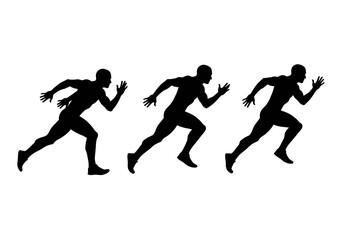 Fototapeta premium Three dynamic black silhouettes of a male runner captured in various stages of a powerful sprint on a clean white background.