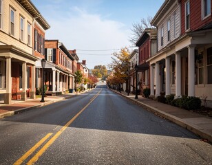Autumn town street, lined with historic buildings