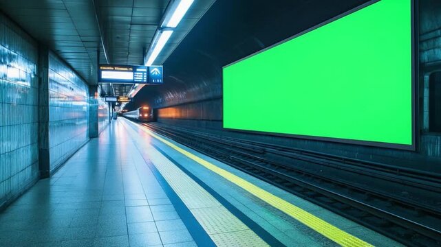 Subway Advertisement: A vibrant green advertisement panel is prominently displayed within a clean subway station. This image can be used for advertising placement, a visual mockup.