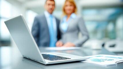 Bright modern office scene with open laptop in sharp focus and two business professionals in suits standing blurred in background