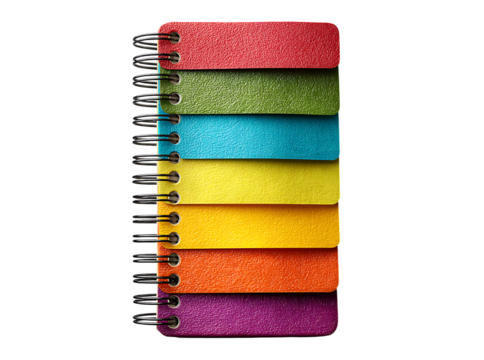 Colorful spiral notebook pages rainbow hues design, Isolated On White, Transparent Background, Png
