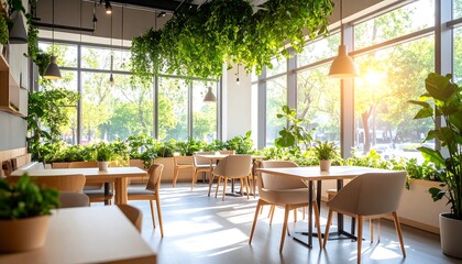 Bright, airy cafe with lush greenery