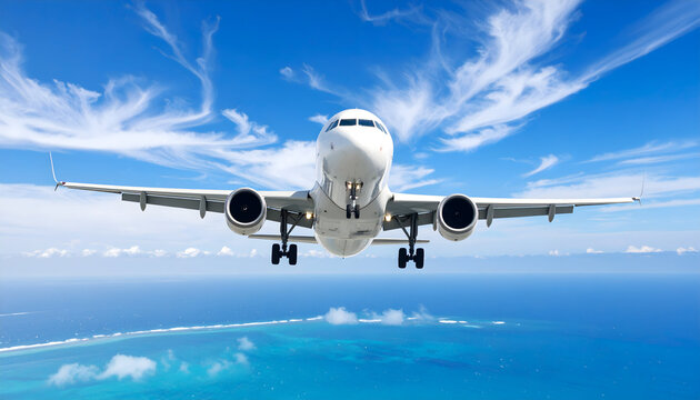 White Airplane Landing Over Tropical Ocean