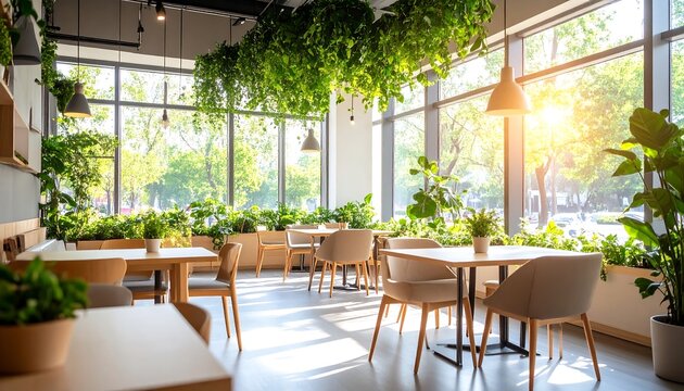 Bright, airy cafe with lush greenery - Powered by Adobe