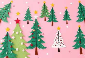 Whimsical Christmas trees in varying styles and sizes adorn a pink background featuring playful polka dots and stars,  pink background,  christmas decoration