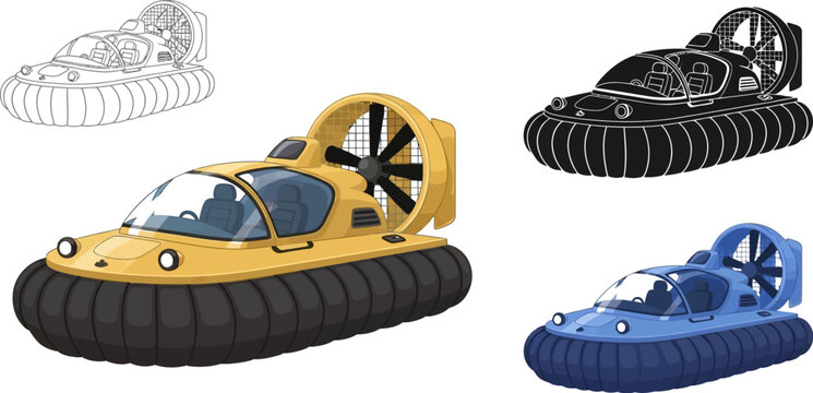 Collection of colorful hovercrafts and a black and white outline illustration