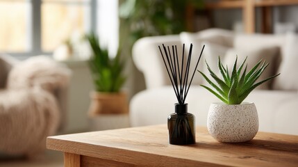 High-quality photo of close up of reed diffuser and house plant aloe vera on wooden table in bright living room.