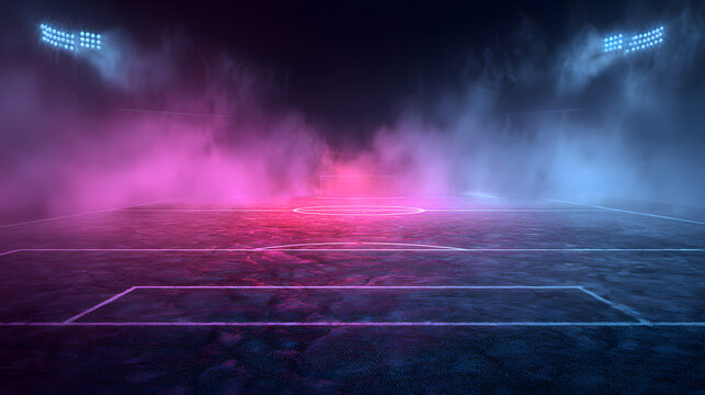 Textured soccer field with neon fog at the center, midfield area. 3D illustration.