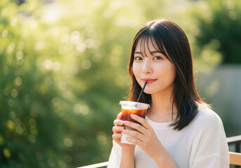 柔らかな陽光が降り注ぐカフェテラスで、アイスコーヒーをストローで飲む日本人の女性