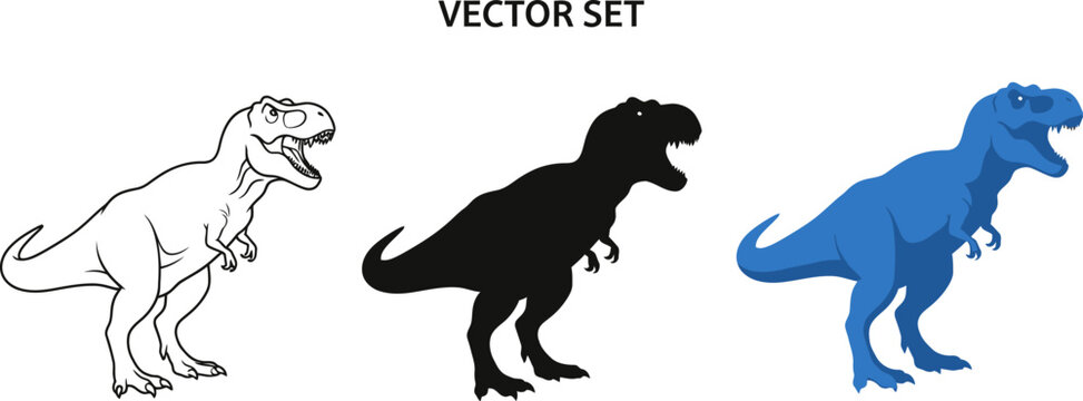 Tyrannosaurus rex dinosaur set in outline silhouette and blue colors