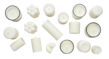Collection of cream candles of different shapes and sizes isolated PNG with Transparent Background