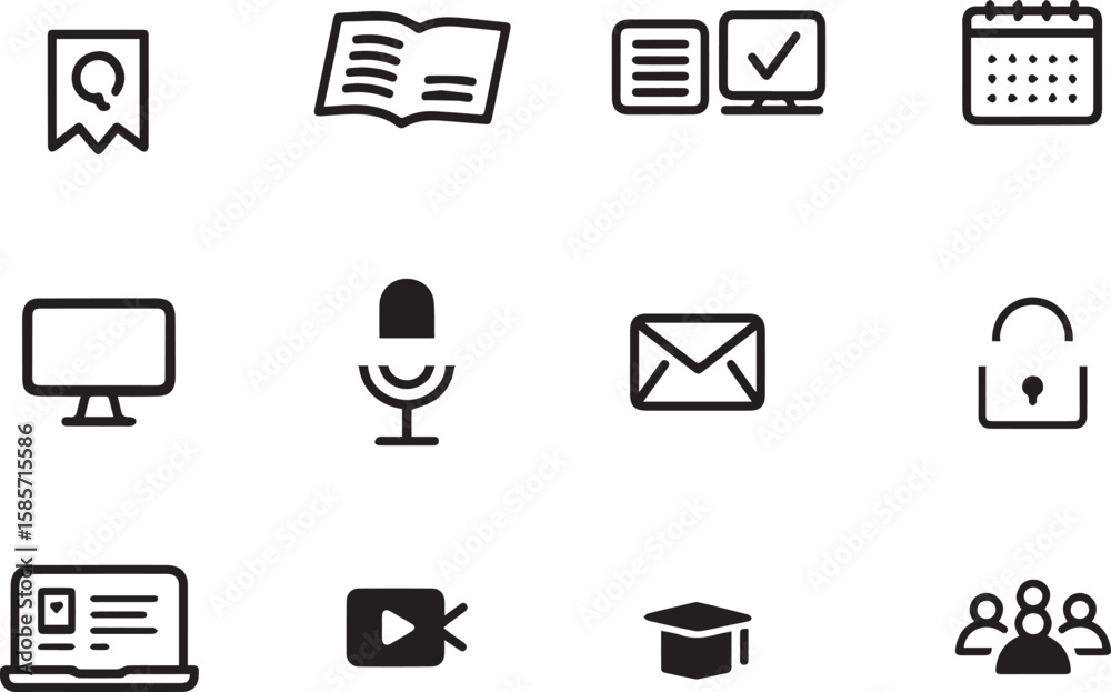 Fototapete collection of twelve modern black outline icons representing various digital and educational concept