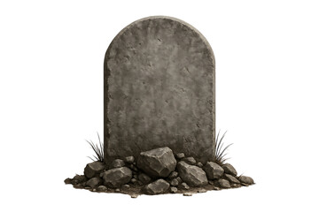 Ancient weathered stone tombstone with rocks and grass isolated on transparent background