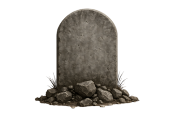 Ancient weathered stone tombstone with rocks and grass isolated on transparent background