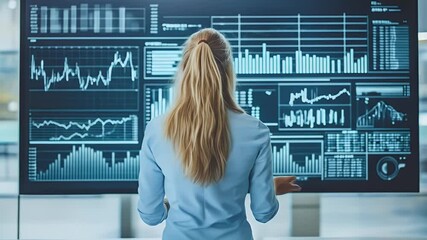 Woman stands before a display of financial charts and market data on a large screen - Powered by Adobe