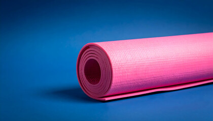 Rolled Pink Yoga Mat on Blue Background