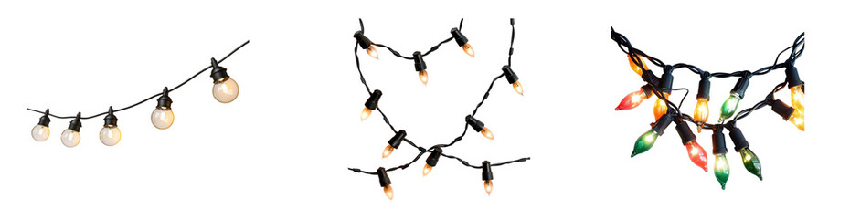Strings of illuminated lights demonstrating diverse bulb types colors on Generative AI