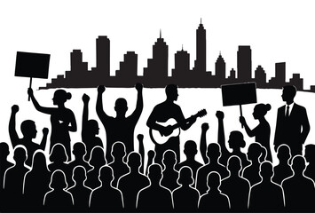 Silhouette Protest in the City: A powerful silhouette of a crowd protesting in the city, complete with raised fists, signs, and a person playing guitar.