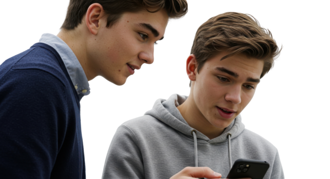 Two twin brothers looking at smartphone isolated PNG with Transparent Background