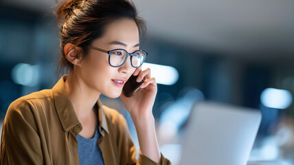 Young Asian woman in glasses talks on her smartphone while working on a laptop in a modern office at night.