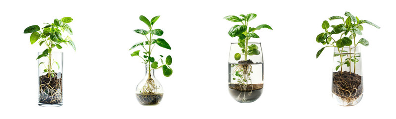 Hydroponics demonstration with young plants growing in water filled glass containers transparent Generative AI