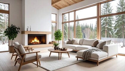 Modern Scandinavian living room with fireplace and large windows