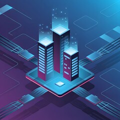 Isometric Tech Landscape with Digital Towers, Network Cables, and Glowing Blue Background Illustrating a Futuristic High-Tech Cyber City