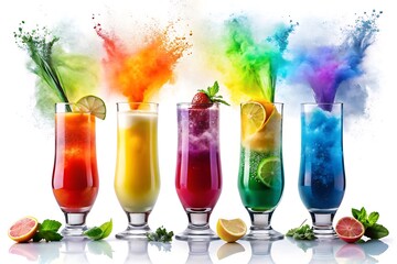 Five colorful cocktails explode with vibrant powder on a white background