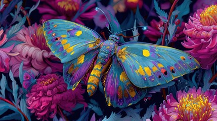 Teal and gold butterfly amidst pink flowers, set on a dark floral background
