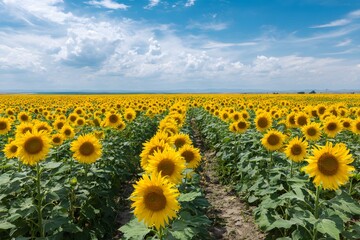 Obraz premium Wide shot of a sunflower farm under a bright sky, rows of sunflowers facing the sun. Negative space in the sky area