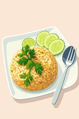 This image shows a plate of delicious fried rice neatly shaped in a round mound. The rice is garnished with fresh coriander leaves on top. On the side, there are slices of cucumber and a wedge of lime