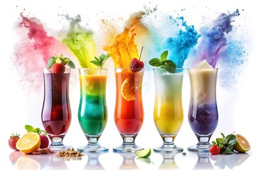 Five colorful cocktails explode with vibrant powder on a white background
