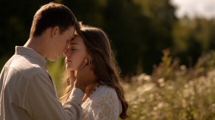 Fototapeta premium Romantic couple embraces in sunlit field, sharing intimate moment. soft focus highlights their connection, surrounded by nature beauty